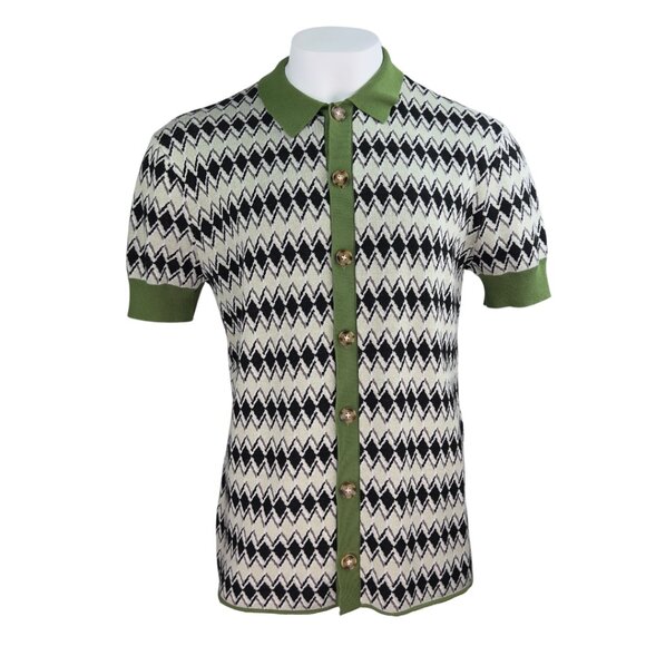 Bound Diamond Print Short Sleeve Knit Button Up - Picture 1 of 2